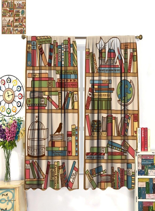 YCness Bookshelf Curtains Cartoon Cat Boho Library Art Printed Window Drapes for Bedroom Living Room Kitchen Decor Fabric Set 2 Panel 42x45 Inch 30% Shading Rate - Image 3